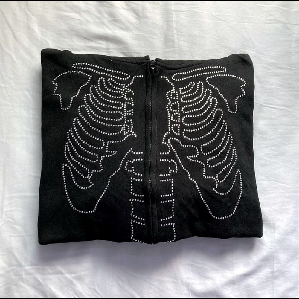 rhinestone skeleton zip up hoodie